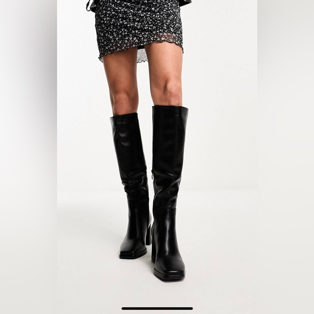 ASOS Black Heel Square Toe Knee Boots